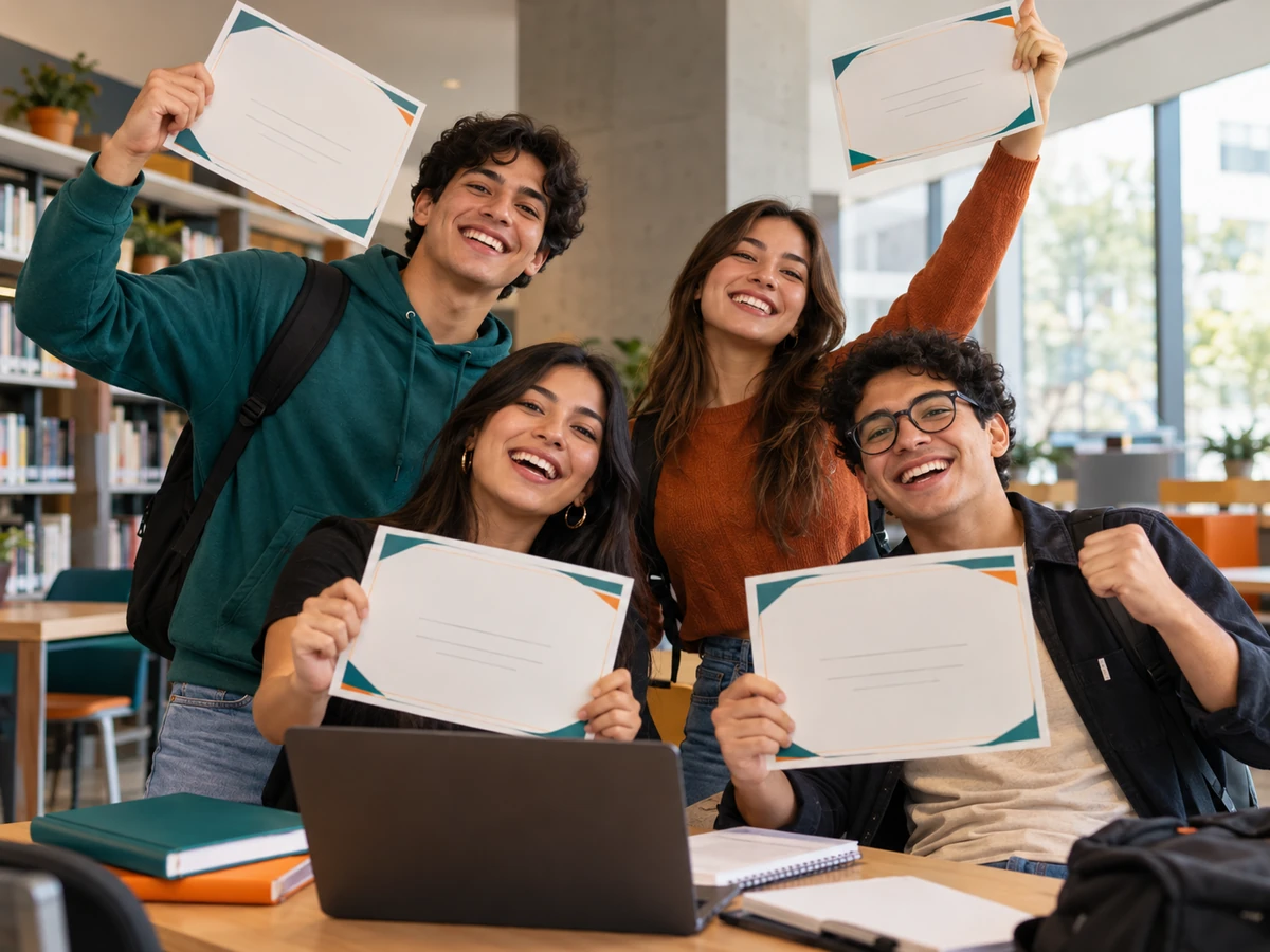 Grupo de estudiantes jóvenes celebrando la obtención de sus certificados.