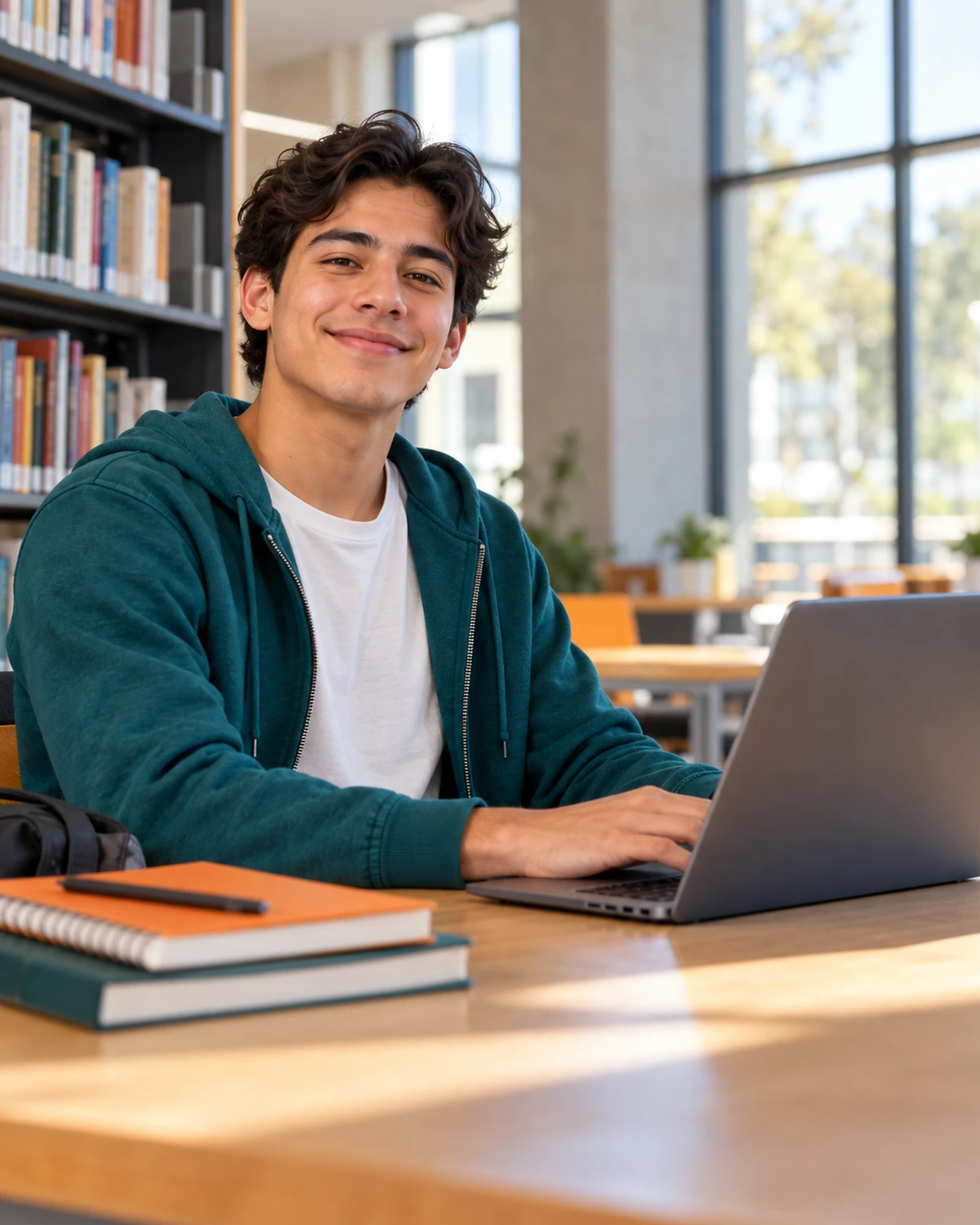 Estudiante joven sonriendo con una laptop en una biblioteca luminosa.