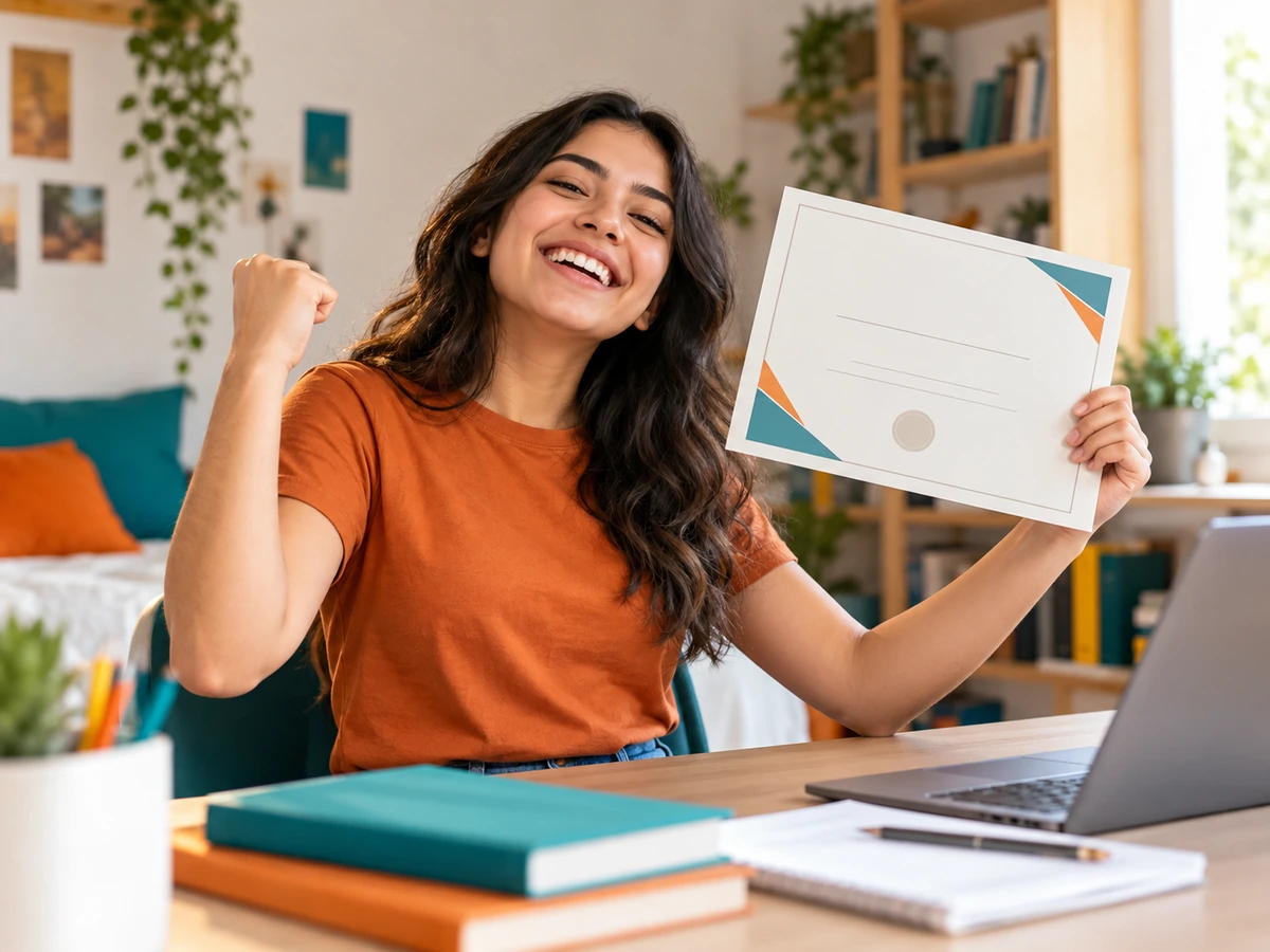 Estudiante celebrando un logro académico mientras sostiene su certificado con emoción genuina.